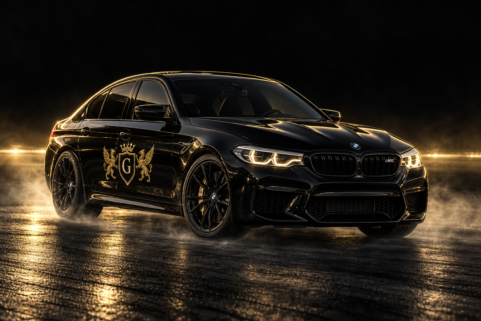 Svart BMW M5 framifrån med Grip Tuning-emblem